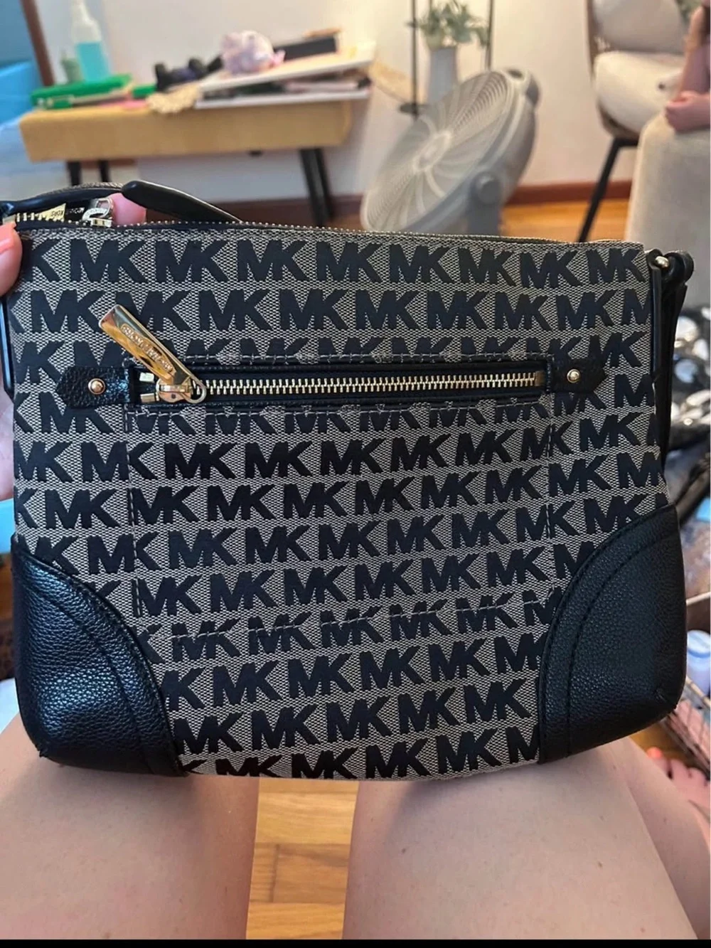 Michael Kors Brown MK Logo Crossbody with Black Leather Trim and Gold Charm